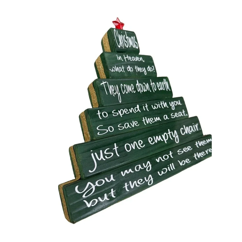 Christmas in Heaven Memorial Wooden Tree Sign Empty Chair Holiday Decor 11”